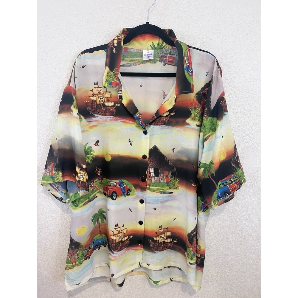 La LeeLa Shirt Men's XXL Hawaiian All Over Print Pirate Ships Classic Cars
